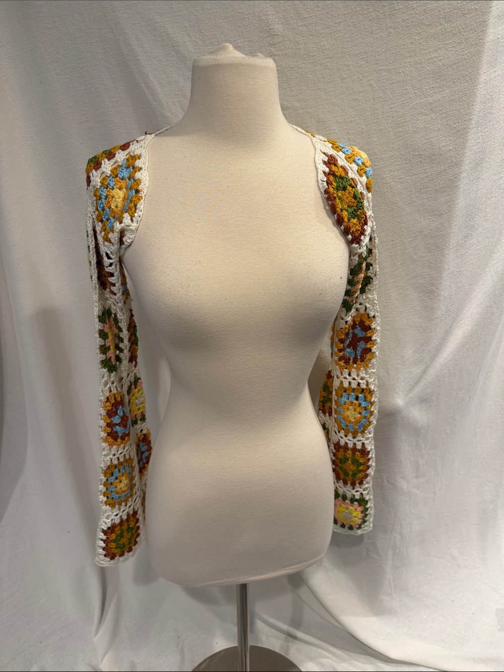 White Crochet Granny Square Shrug with Multicolor Accents